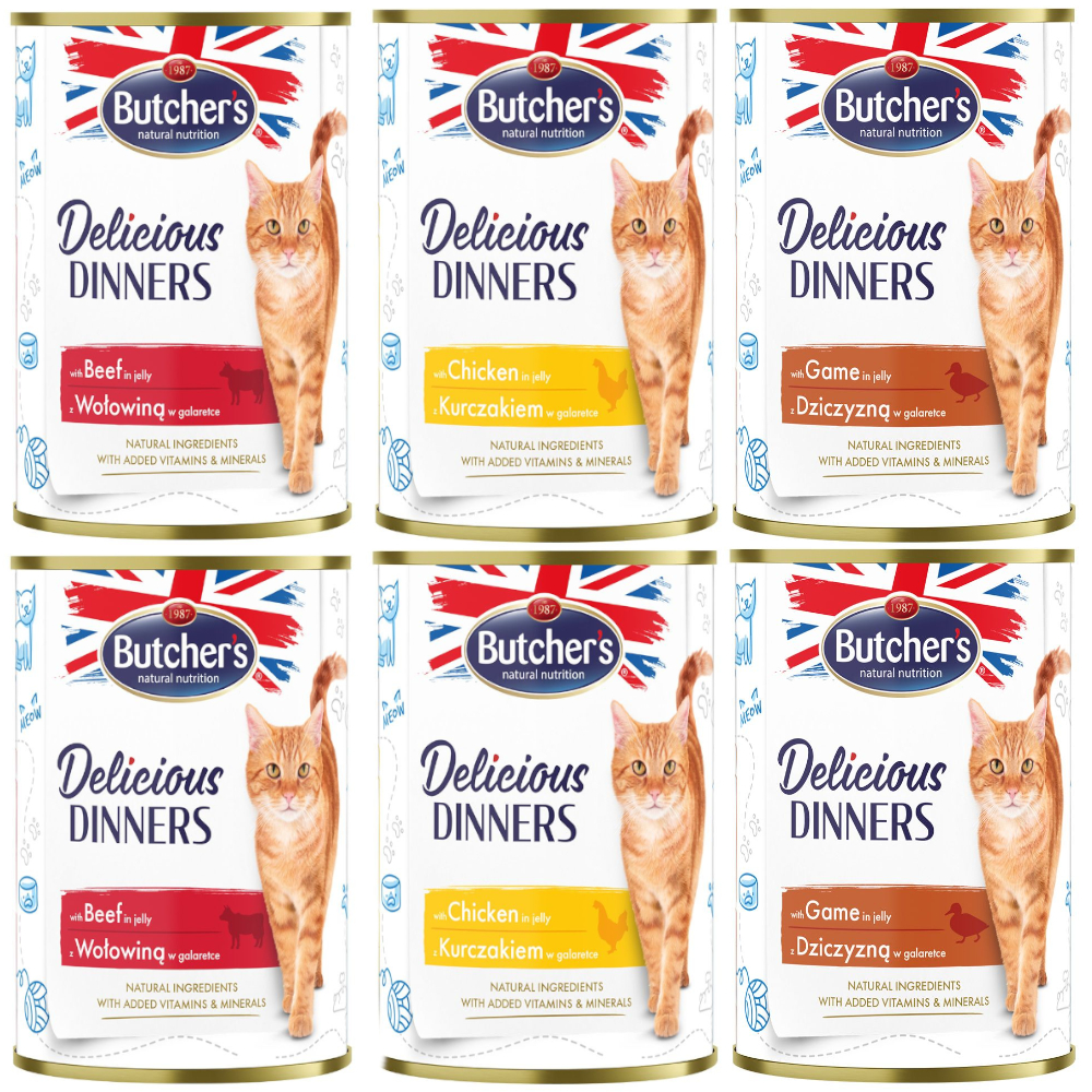 Sparpaket Butcher's Delicious Dinners Katze 12 x 400 g - Mixpaket (3 Sorten) von Butcher's