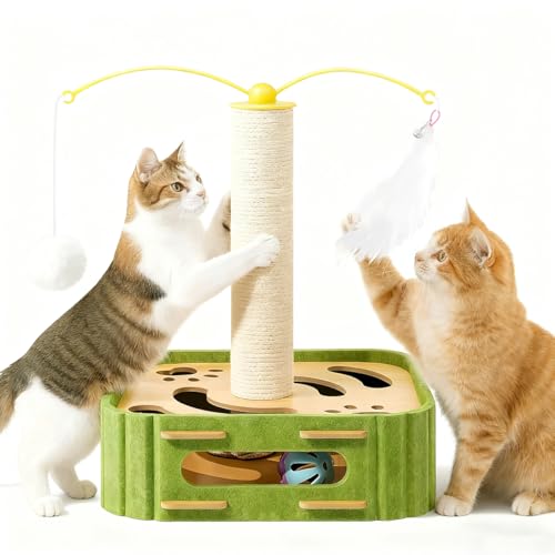 Katze Scratching Post mit interaktiven Spielzeug, 30cm langlebige Katzen Scratcher für Indoor Katzen, Spaß Katze Spielzeug mit Little Bell und Sisal Pole, Platzsparende Scratching Post für Kätzchen von Buwico