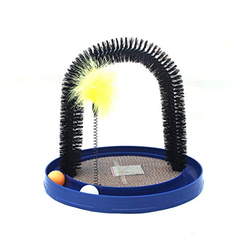 Buyter 4 in 1 Selbst Grooming Massager Katze Bogen Borste Ringbürste mit hängenden Feder Catnip Spielzeug, Captive Ball, abnehmbare Karton Kratzer (Blau) von Buyter