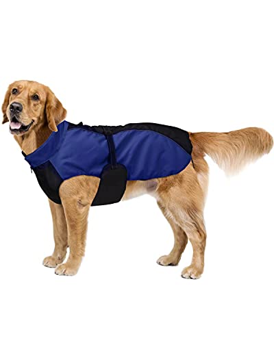 Bwiv Hunde Jacke Winter Wasserdicht Verstetllbar Hundemantel Winddicht Reflektierend Streifen Winterjacke Wintermantel für Grosse Hunde Reißverschluss Hunde Weste Bauchschutz Leine Loch Blau 5XL von Bwiv