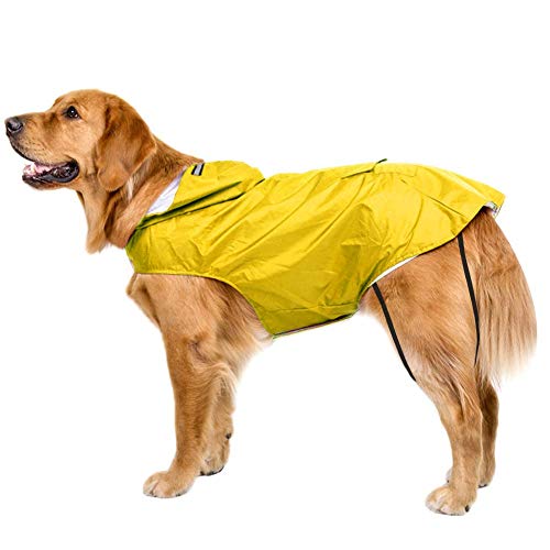 Bwiv Hunde Regenmantel Wasserdicht Hundemantel Groß Gefüttert Ultraleichte Atmungsaktive Hundejacke Reflexstreifen Regenjacke Hunde Mit Kapuze 3XL-6XL Gelb 3XL von Bwiv