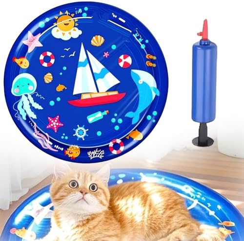 Sensorische Wasser Spielmatte für Katzen und Hunde, Sommer Wassermatte für Haustiere, rutschfeste Kühlmatte mit Fischen, Interaktive Wasserspielmatte für drinnen und draußen (Dunkelblau, 65CM) von Bxjinkele