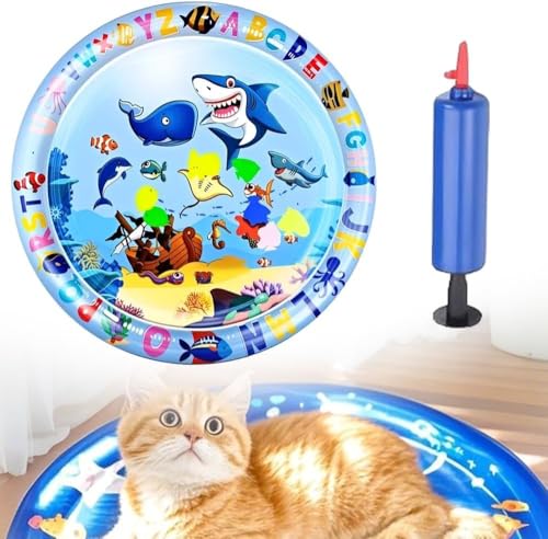 Sensorische Wasser Spielmatte für Katzen und Hunde, Sommer Wassermatte für Haustiere, rutschfeste Kühlmatte mit Fischen, Interaktive Wasserspielmatte für drinnen und draußen (Hellblau, 65CM) von Bxjinkele