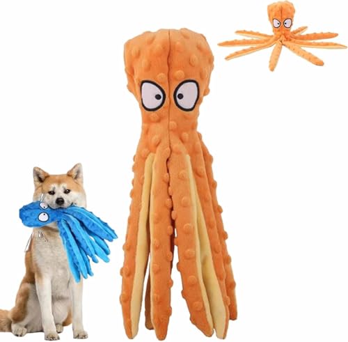 Whiskerspot Octopus Hundespielzeug, umweltfreundliches Quietschplüschtier, Hundespielzeug ohne Füllung für Welpen im Zahnwechsel, Kauspielzeug für Hunde mit aggressivem Kauverhalten (Orange) von Bxjinkele