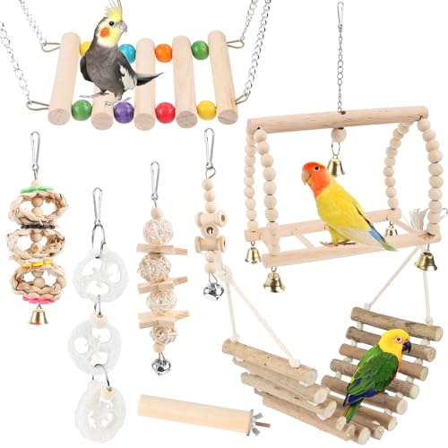 Byffor Holzspielzeug für Wellensittiche, 8 Stück Naturholz Lovebird Hängende Schaukel Spielzeug mit Glocken für alle Papageien und Vogel kaut von Byffoer