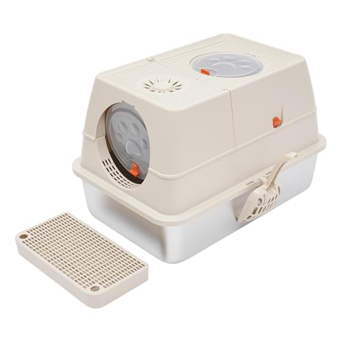 C-Juzarl Selbstreinigende Katzentoilette, 28L Edelstahl Katzenklo Geschlossen mit Deckel – Leicht zu Reinigen, Geruchsresistent, Schaufel+Trettstufe (Beige) von C-Juzarl
