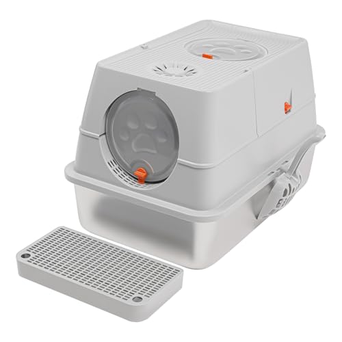 C-Juzarl Selbstreinigende Katzentoilette, 28L Edelstahl Katzenklo Geschlossen mit Deckel – Leicht zu Reinigen, Geruchsresistent, Schaufel+Trettstufe (Grau) von C-Juzarl