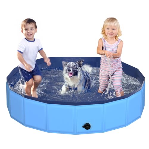 CACSPS 140x30 cm Faltbarer Hundepool – zusammenklappbarer Kinderpool aus Hartplastik für Hunde und Kinder, rutschfeste Haustierbadewanne für den Außeneinsatz im Garten, leicht und tragbar (Blau) von CACSPS
