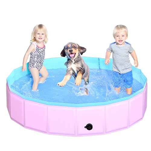 CACSPS Faltbarer Hundepool, 140 x 30 cm Kinderpool aus Hartplastik, rutschfeste Hundebadewanne für den Außenbereich, zusammenklappbarer Hundeschwimmpool für Kinder, Hunde und Haustiere (Rosa) von CACSPS