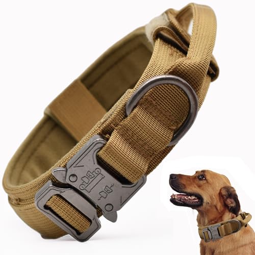 Taktisches Hundehalsband, verstellbares Militärtraining Nylon Hundehalsband mit Kontrollgriff und schwerer Schnellverschluss-Metallschnalle für kleine mittelgroße große Hunde, Braun XL von CADONO