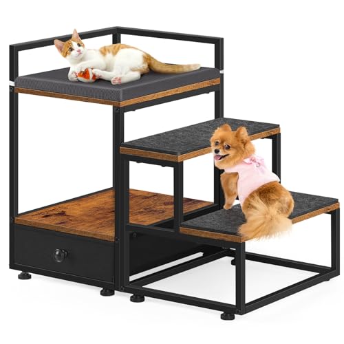 CADUKE Hundetreppe 3 Stufen, Haustiertreppe für kleine Hunde & Katzen, Katzentreppe mit Ablageschublade, Metallrahmen, mehrstufige Plattform mit Matten, 51cm hoch, ideal für Bett & Sofa, Braun CADUKE Hundetreppe 3 Stufen, Haustiertreppe für kleine Hunde & Katzen, Katzentreppe mit Ablageschublade, Metallrahmen, mehrstufige Plattform mit Matten, 51cm hoch, ideal für Bett & Sofa, Braun von CADUKE