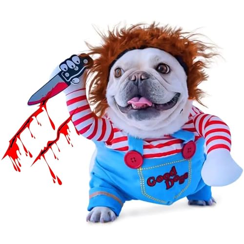 CAISANG Hunde-Halloween-Kostüm, gruselige tödliche Puppe, Neuheit, Hundeperücke, Kleidung, Halloween-Katze, Chucky-Kostüme, Party-Outfits für mittelgroße und große Hunde, gruselige coole Bekleidung von CAISANG