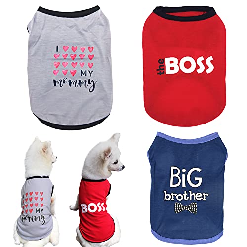 CAISANG Hunde-Shirt, Welpenkleidung, 3 Stück, Haustier-T-Shirts, bedruckt, Big Brother, Boss, Love Mom Shirts, Sommer, ärmellos, atmungsaktiv, für Katzen, Hunde, Kleidung kleine, mittelgroße Größe S von CAISANG