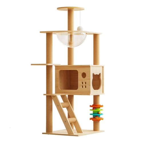 Kratzbaum, 120 cm, Katzenkratzbaum, Spielzeug, Weltraumkapsel, Katzenturm mit Haus für Indoor-Katzen zum Klettern, Spielen, Beige, 4 Schichten N7 von CAISHOW