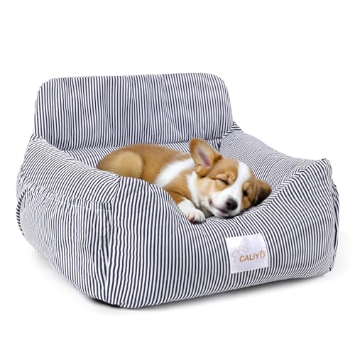 CALIYO Hundeautositz mit Stabiler Basis & Sicherheitsgurt | Hundesitz Auto für Kleine bis 10 kg | Memory Foam-Sitzauflage | Wasserdichter, Abwaschbarer Hundekorb mit Aufbewahrungstasche (Blau/Weiß) von CALIYO
