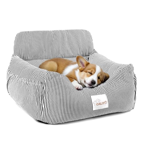 CALIYO Hundeautositz mit Stabiler Basis & Sicherheitsgurt | Hundesitz Auto für Kleine bis 10 kg | Memory Foam-Sitzauflage | Wasserdichter, Abwaschbarer Hundekorb mit Aufbewahrungstasche (Schwarz/Weiß) von CALIYO