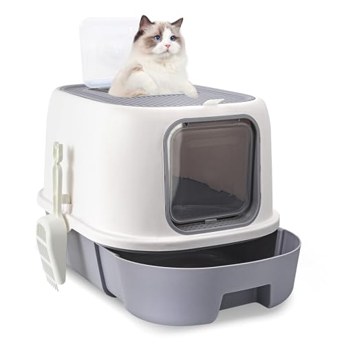 CALIYO Katzenklo mit Deckel – Anti-Geruch Katzentoilette Geschlossen hoher Rand, Katzenklo Groß XXL mit Schublade & Sieb für Große Katzen, Cat Litter Box (53×41×40 cm, Grau-Weiß) von CALIYO
