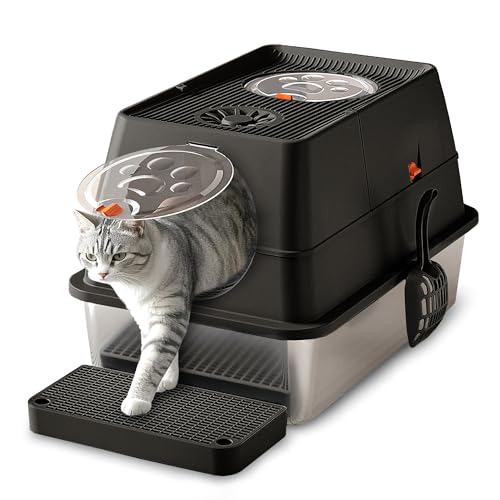 CALIYO Katzentoilette, Katzenklo Edelstahl mit Deckel, 3 in 1 Cat Litter Box, Katzenklo mit Schaufel & Pedal, Katzentoilette Geschlossen für Katzen bis 15 kg, Auslaufsichere (60 x 40 x 44 cm) von CALIYO