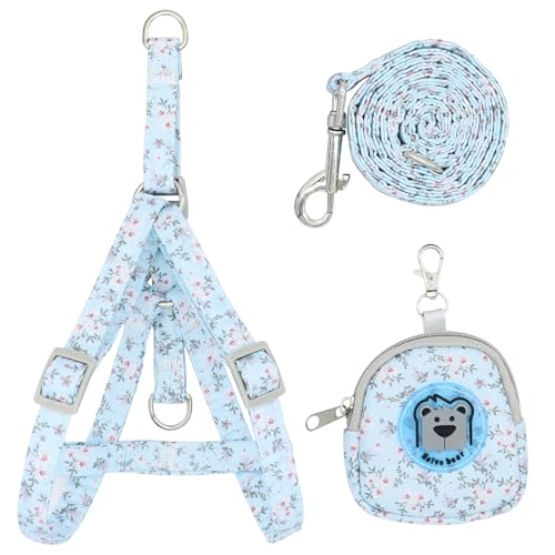 Haustier Leine, EIN 3-teiliges Set, Bestehend aus Leine, Brustgurt und Cartoon-Bären-Rucksack, Leine mit Floralem Muster, Haustier Zubehör, Universal-Leine für Hunde und Katzen (Blau M) (Blau 1) von CALLYSONIC