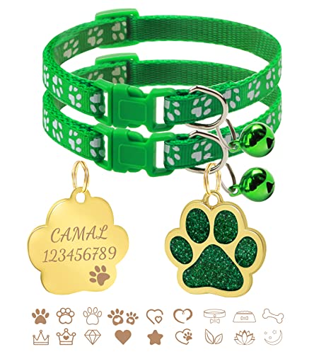 CAMAL 2 Stück Katzenhalsband + 2 Stück Hundemarke mit Gravur, Katzenhalsband mit Namen, Verstellbare HalsbäNder für Katzen und Welpen 19-32 cm (Dunkelgrün) von CAMAL