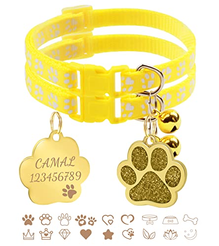 CAMAL 2 Stück Katzenhalsband + 2 Stück Hundemarke mit Gravur, Katzenhalsband mit Namen, Verstellbare HalsbäNder für Katzen und Welpen 19-32 cm (Gelb) von CAMAL