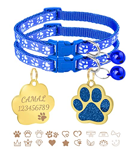 CAMAL 2 Stück Katzenhalsband + 2 Stück Hundemarke mit Gravur, Katzenhalsband mit Namen, Verstellbare HalsbäNder für Katzen und Welpen 19-32 cm (Königsblau) von CAMAL