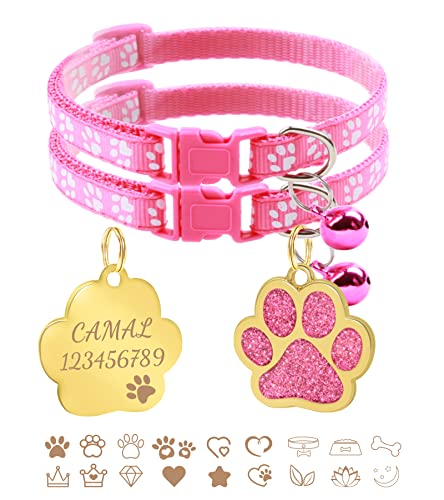 CAMAL 2 Stück Katzenhalsband + 2 Stück Hundemarke mit Gravur, Katzenhalsband mit Namen, Verstellbare HalsbäNder für Katzen und Welpen 19-32 cm (Rosa) von CAMAL