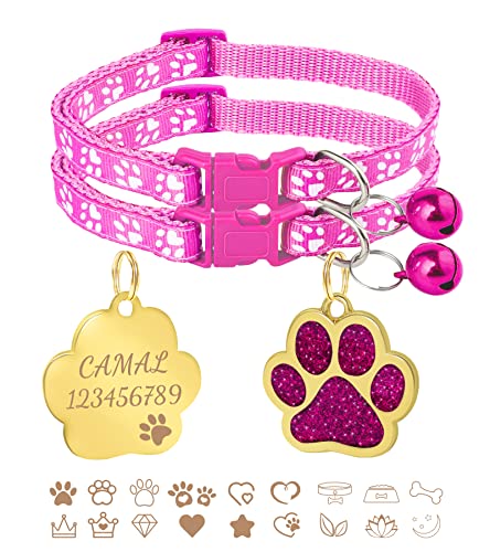 CAMAL 2 Stück Katzenhalsband + 2 Stück Hundemarke mit Gravur, Katzenhalsband mit Namen, Verstellbare HalsbäNder für Katzen und Welpen 19-32 cm (Rose Rot) von CAMAL