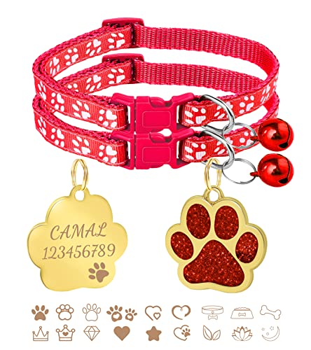 CAMAL 2 Stück Katzenhalsband + 2 Stück Hundemarke mit Gravur, Katzenhalsband mit Namen, Verstellbare HalsbäNder für Katzen und Welpen 19-32 cm (Rot) von CAMAL