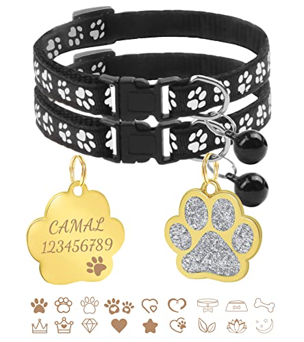 CAMAL 2 Stück Katzenhalsband + 2 Stück Hundemarke mit Gravur, Katzenhalsband mit Namen, Verstellbare HalsbäNder für Katzen und Welpen 19-32 cm (Schwarz) von CAMAL