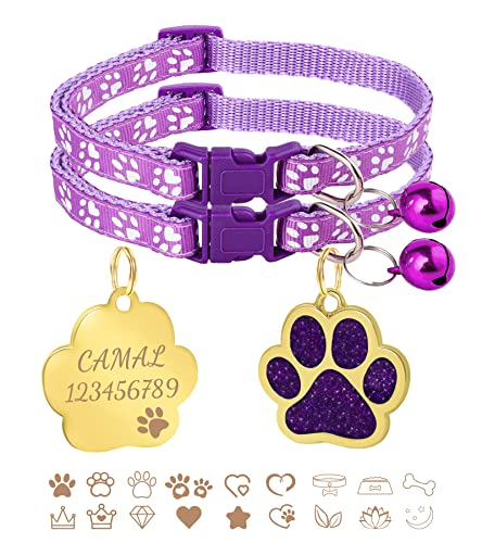 CAMAL 2 Stück Katzenhalsband + 2 Stück Hundemarke mit Gravur, Katzenhalsband mit Namen, Verstellbare HalsbäNder für Katzen und Welpen 19-32 cm (Violett) von CAMAL