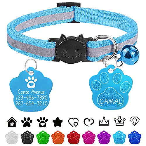 CAMAL Katzenhalsband, Personalisiertes Katzenhalsband mit Hundemarke Gravur, Katzenhalsband Reflektierendes, mit Glöckchen und Sicherheitsverschluss, Verstellbar (Himmelblau) von CAMAL