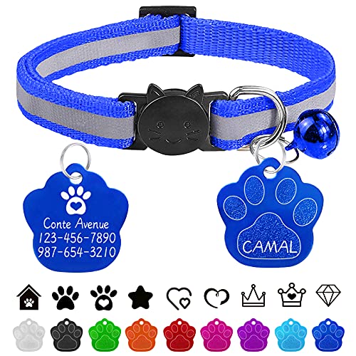CAMAL Katzenhalsband, Personalisiertes Katzenhalsband mit Hundemarke Gravur, Katzenhalsband Reflektierendes, mit Glöckchen und Sicherheitsverschluss, Verstellbar (Königsblau) von CAMAL