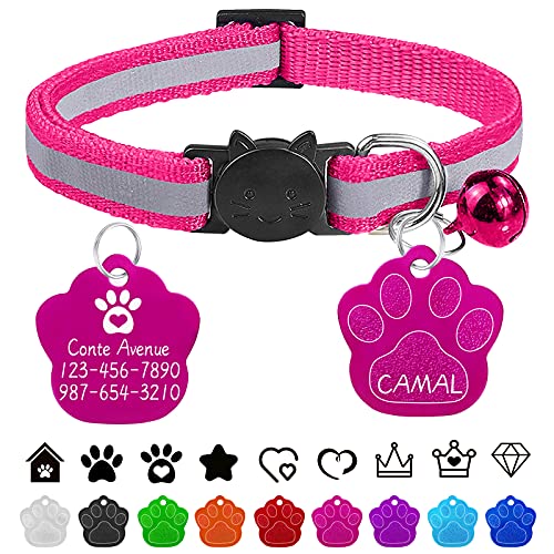 CAMAL Katzenhalsband, Personalisiertes Katzenhalsband mit Hundemarke Gravur, Katzenhalsband Reflektierendes, mit Glöckchen und Sicherheitsverschluss, Verstellbar (Rose Rot) von CAMAL