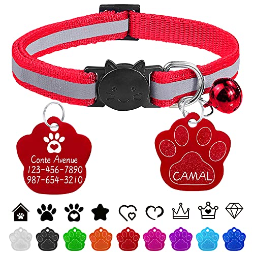 CAMAL Katzenhalsband, Personalisiertes Katzenhalsband mit Hundemarke Gravur, Katzenhalsband Reflektierendes, mit Glöckchen und Sicherheitsverschluss, Verstellbar (Rot) von CAMAL