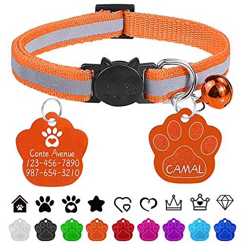 CAMAL Katzenhalsband, Personalisiertes Katzenhalsband mit Hundemarke Gravur, Katzenhalsband Reflektierendes, mit Glöckchen und Sicherheitsverschluss, Verstellbar (Tangerinr) von CAMAL
