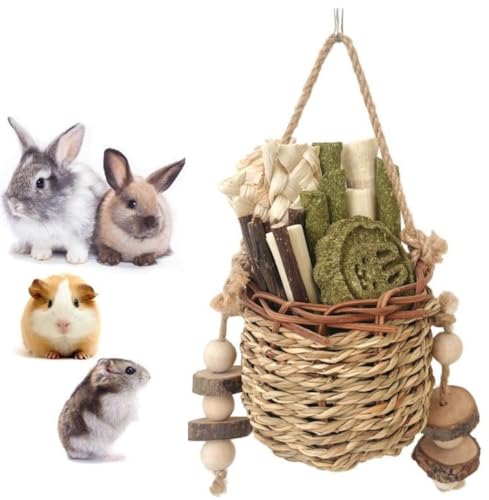 CAMITER Kauspielzeug für kleine Haustiere, Kaninchenkäfig Hängespielzeug mit Grasball Karottenspielzeug für Kaninchen, Chinchilla, Meerschweinchen, Hamster, Zähneknirschen von CAMITER