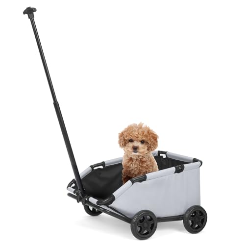Mini-Hundewagen für Mini-Haustiere, faltbarer multifunktionaler Einkaufswagen mit ausziehbarem Ziehgriff Im Freien, Wagon eingebautem Kissen und Sicherheitsseil mit Aufbewahrungstasche (Hellgrau) von CAMPSOR