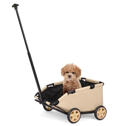 Mini-Hundewagen für Mini-Haustiere, faltbarer multifunktionaler Einkaufswagen mit ausziehbarem Ziehgriff Im Freien, Wagon eingebautem Kissen und Sicherheitsseil mit Aufbewahrungstasche (Khaki) von CAMPSOR