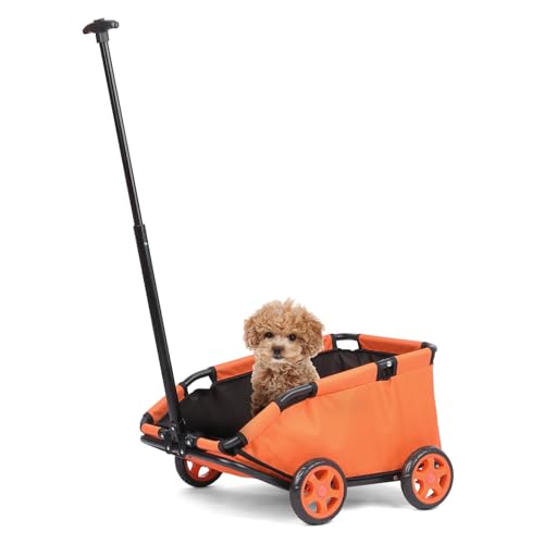 Mini-Hundewagen für Mini-Haustiere, faltbarer multifunktionaler Einkaufswagen mit ausziehbarem Ziehgriff Im Freien, Wagon eingebautem Kissen und Sicherheitsseil mit Aufbewahrungstasche (Orange) von CAMPSOR