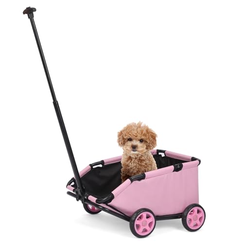 Mini-Hundewagen für Mini-Haustiere, faltbarer multifunktionaler Einkaufswagen mit ausziehbarem Ziehgriff Im Freien, Wagon eingebautem Kissen und Sicherheitsseil mit Aufbewahrungstasche (Rosa) von CAMPSOR