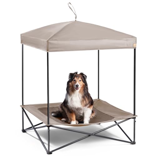 CANINE CANYON Piper Pop-Up-Bett mit Baldachin, groß, faltbar, erhöhtes Hundebett mit wasserdichtem Schirm, kühlendem Netz, strapazierfähig bis zu 50 kg, perfekt für Camping und Zuhause, Hellbraun von CANINE CANYON
