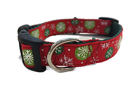 Hundehalsband, weihnachtliches Design, Schneeflocken, Rot, Grün, 2,5 cm breit, verstellbar, Nylon, Größe M und L (rote Schneeflocken, 1,5 cm, Größe S 22,9–33 cm) von CANINEDESIGN QUALITY DOG COLLARS