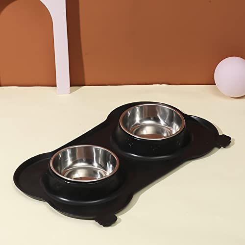 CAOJH Antislip doppelte Hundeschüssel mit Silikonmatte dauerhafte Edelstahl-Wasser-Nahrungsmittel-Feeder-Haustier-Fütterung Trinkschalen for Hunde Katzen (Color : Black) von CAOJH