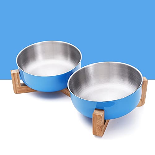 CAOJH Edelstahl-Katzenhundschüssel mit Holzständer Haustiernahrung und Wasserschüssel for Katzenhunde Lebensmittel Fütterung Feeder Welpen-Feeder-Lieferungen (Color : Blue Double Bowl) von CAOJH