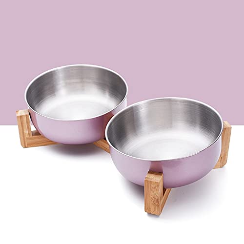 CAOJH Edelstahl-Katzenhundschüssel mit Holzständer Haustiernahrung und Wasserschüssel for Katzenhunde Lebensmittel Fütterung Feeder Welpen-Feeder-Lieferungen (Color : Purple Double Bowl) von CAOJH