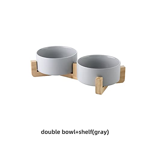 CAOJH Keramische Hunde Food Bowl mit Holzständer Erhöhte Katze Pet Fütterung und Wassereinzug for Hundewelpen Zubehör (Color : Gray Double, Size : 850ML Cat Dog) von CAOJH