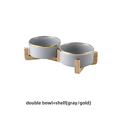 CAOJH Keramische Hunde Food Bowl mit Holzständer Erhöhte Katze Pet Fütterung und Wassereinzug for Hundewelpen Zubehör (Color : Gray Gold Double, Size : 400ML Small Cat) von CAOJH