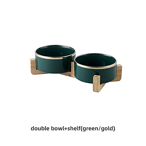 CAOJH Keramische Hunde Food Bowl mit Holzständer Erhöhte Katze Pet Fütterung und Wassereinzug for Hundewelpen Zubehör (Color : Green Gold Double, Size : 400ML Small Cat) von CAOJH