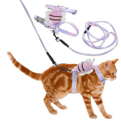 CAPASTEC Katzengeschirr und Leine Set,Brustgeschirr Ausbruchsicheres Katzengeschirr für große und kleine Katzen, Bienenmuster Haustiergeschirr für Reisen und Spaziergänge, Klein, Lila von CAPASTEC